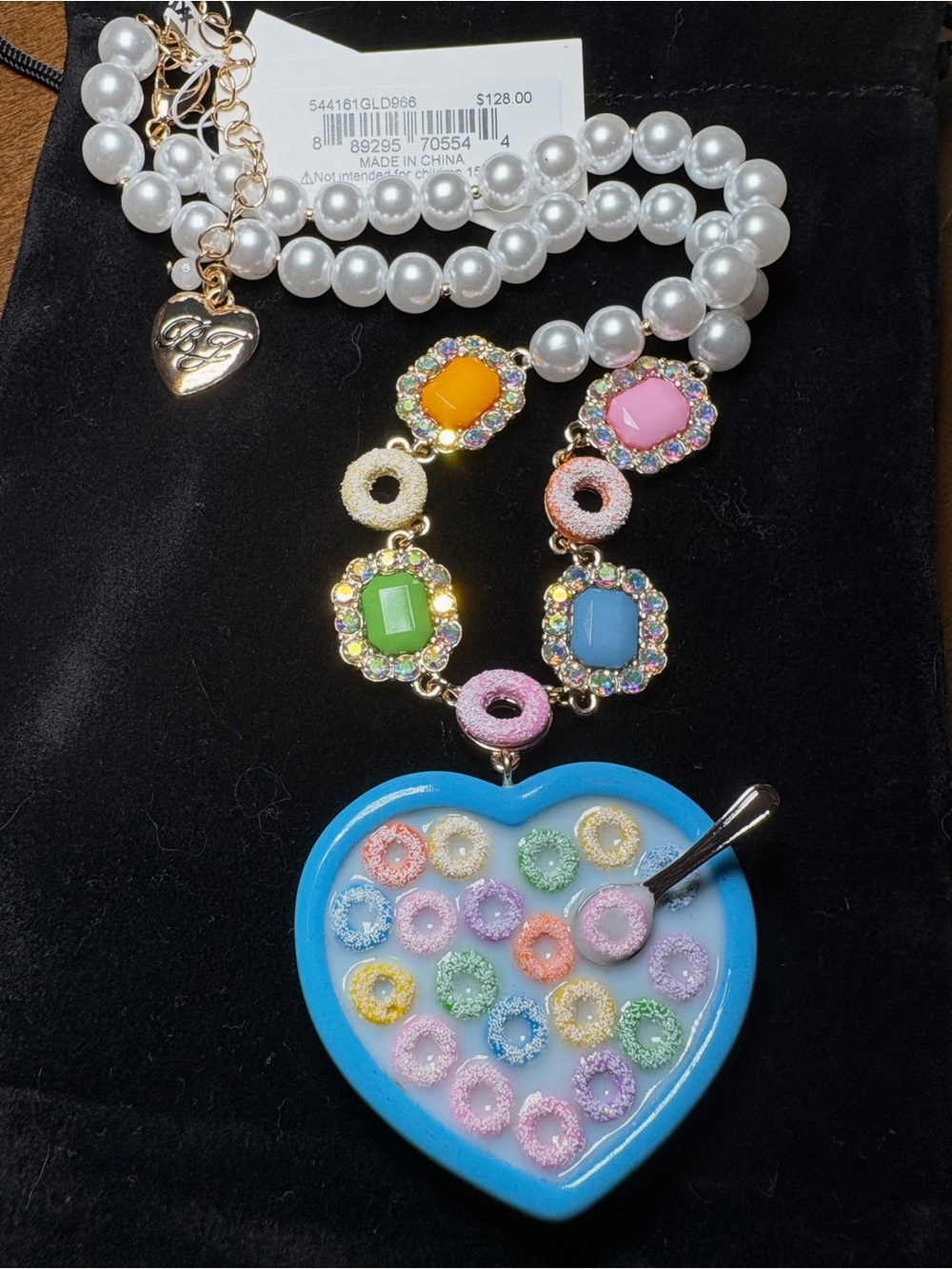 Betsey Johnson Blue Heart Cereal Pendant Necklace with Pearl Chain